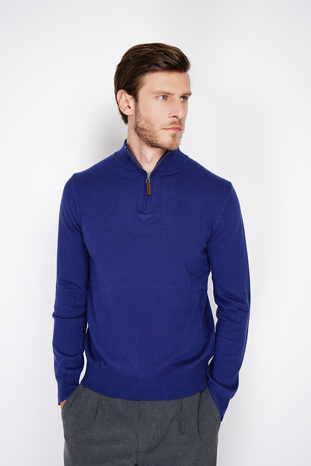 Maglione collo stile camionista con zip e maniche lunghe lavorato a 2 fili Blu notte -WFM145