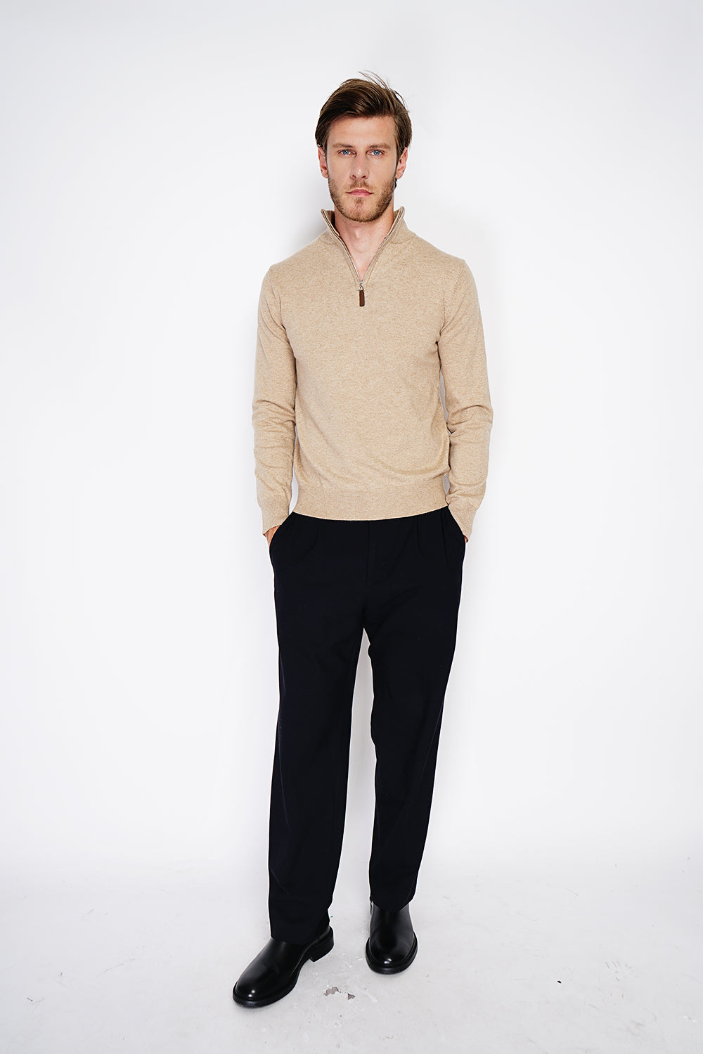 Maglione a maniche lunghe con collo trucker e cerniera in maglia a 2 strati Cammello