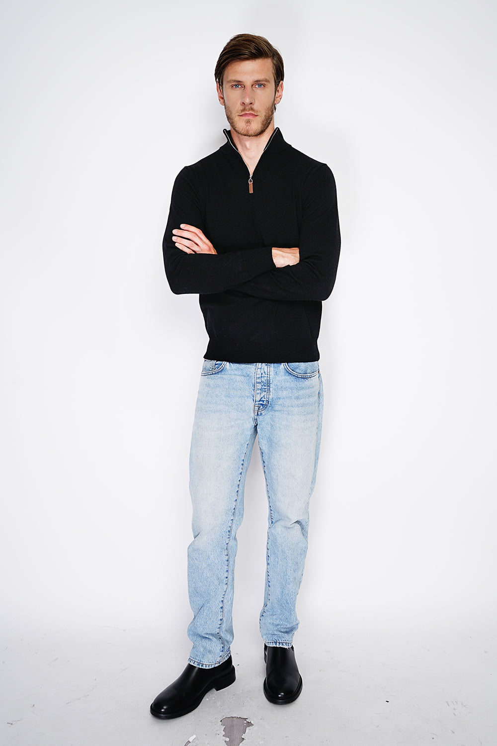 Maglione a maniche lunghe con collo trucker e cerniera in maglia a 2 strati Nero