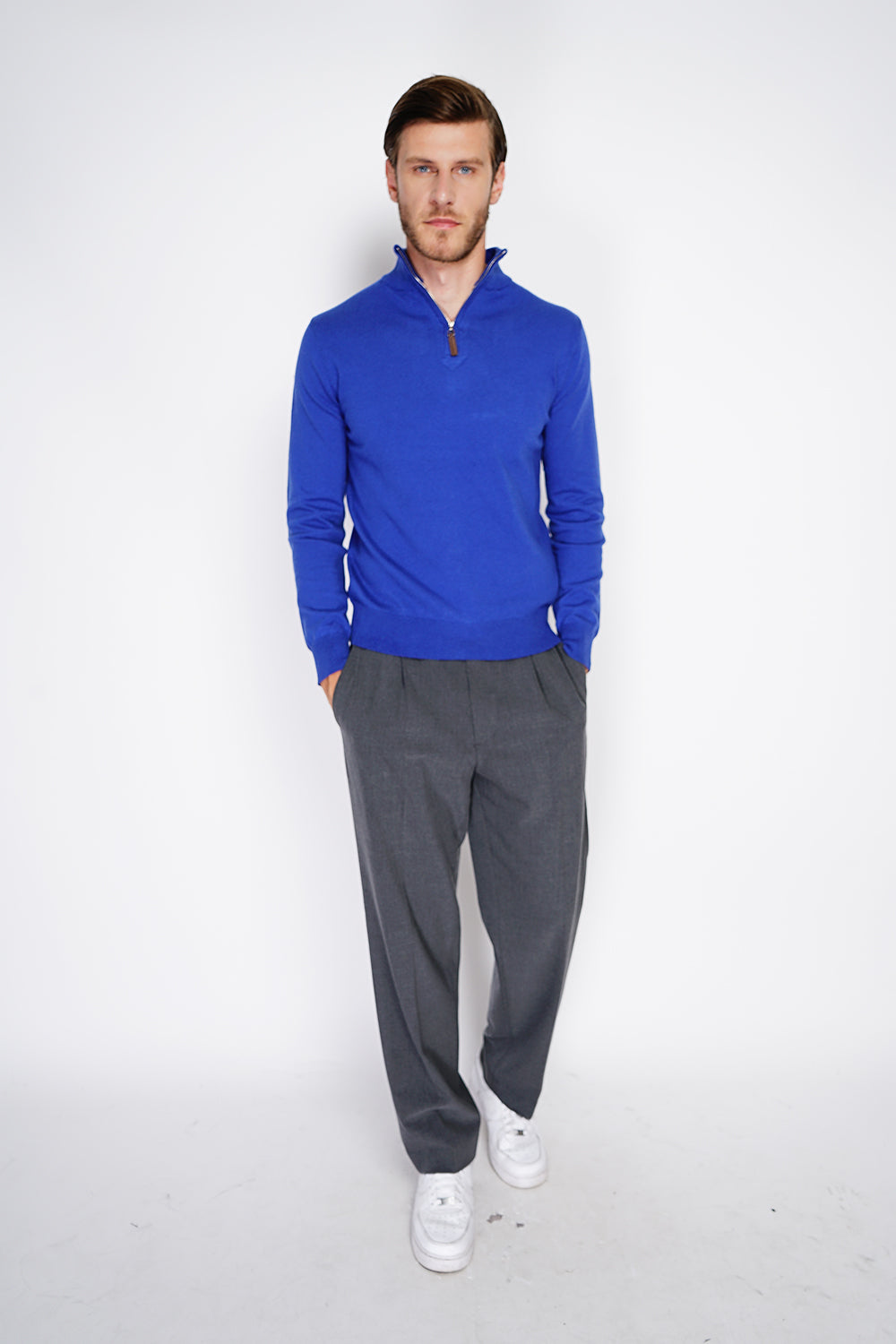 Maglione a maniche lunghe con collo trucker e cerniera in maglia a 2 strati Reale