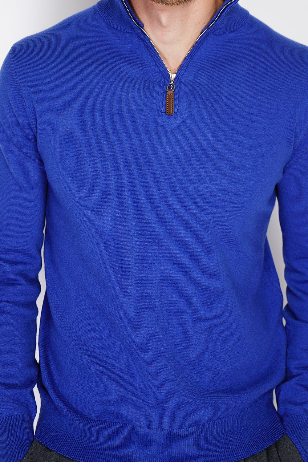 Maglione con collo stile camionista con zip e maniche lunghe lavorato a 2 fili Royal Bleu -WFM145