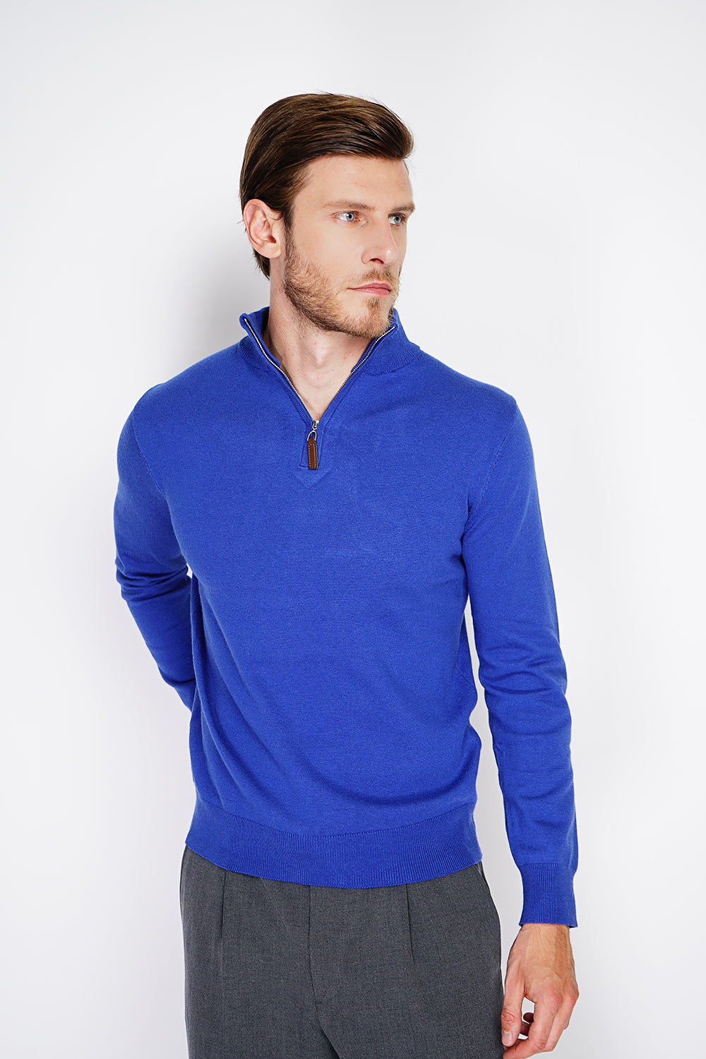 Maglione con collo stile camionista con zip e maniche lunghe lavorato a 2 fili Royal Bleu -WFM145