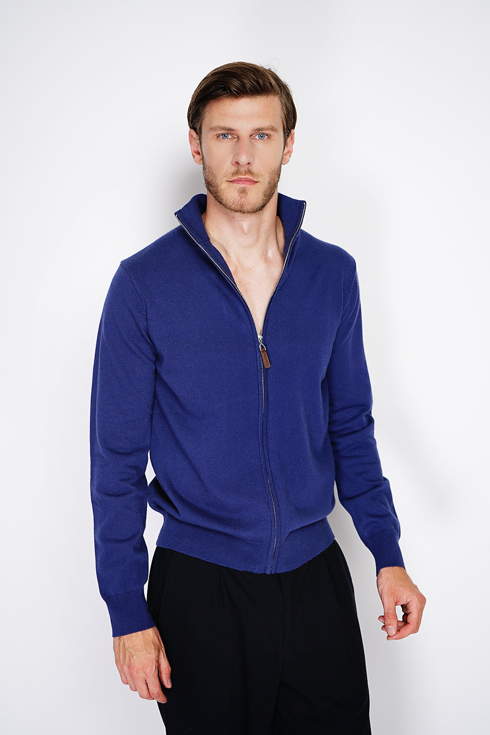 Cardigan classico a maniche lunghe con cerniera in maglia a 2 fili Blu Notte