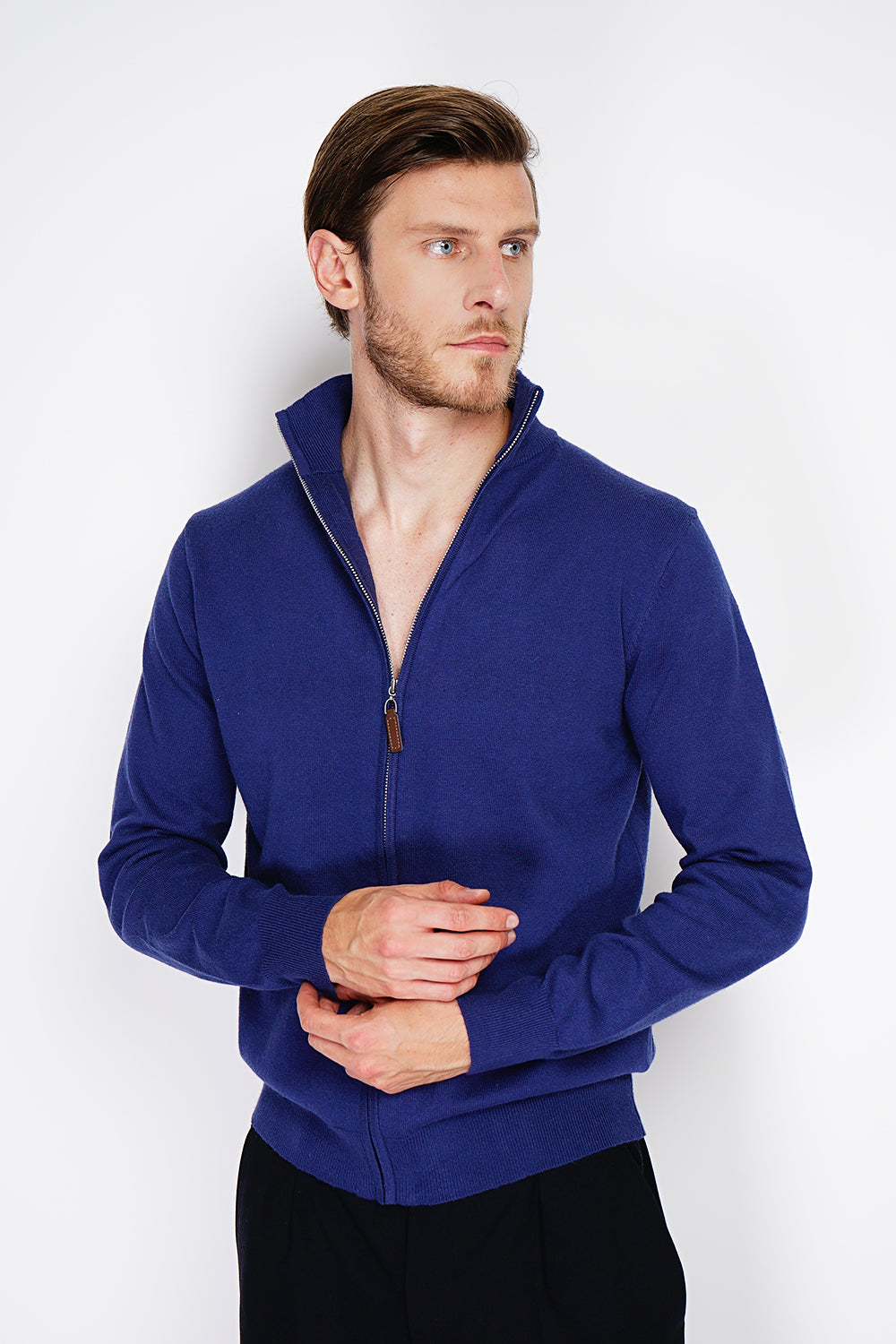 Cardigan classico a maniche lunghe con cerniera in maglia a 2 fili Blu Notte