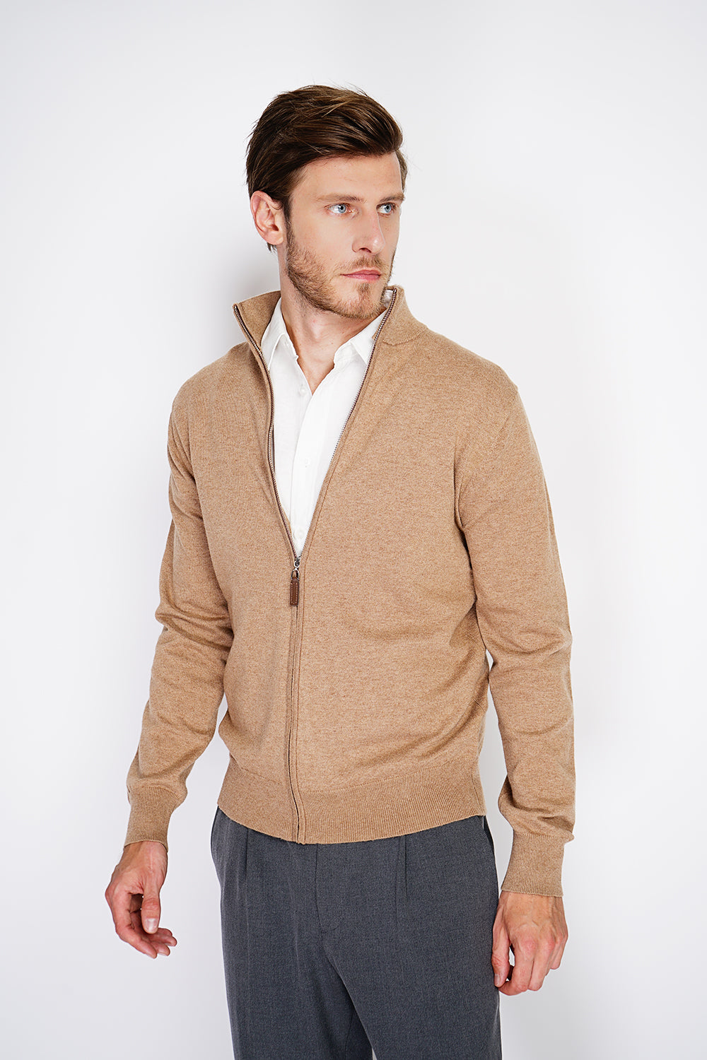 Cardigan classico a maniche lunghe con cerniera in maglia a 2 fili Cammello Scuro