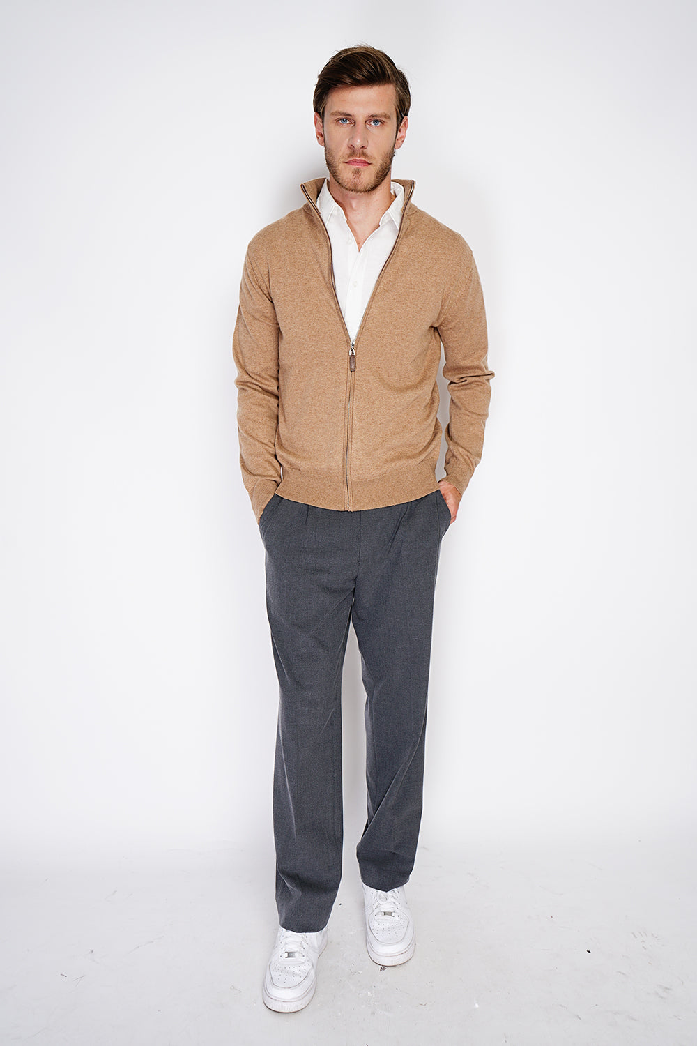 Cardigan classico a maniche lunghe con cerniera in maglia a 2 fili Cammello Scuro