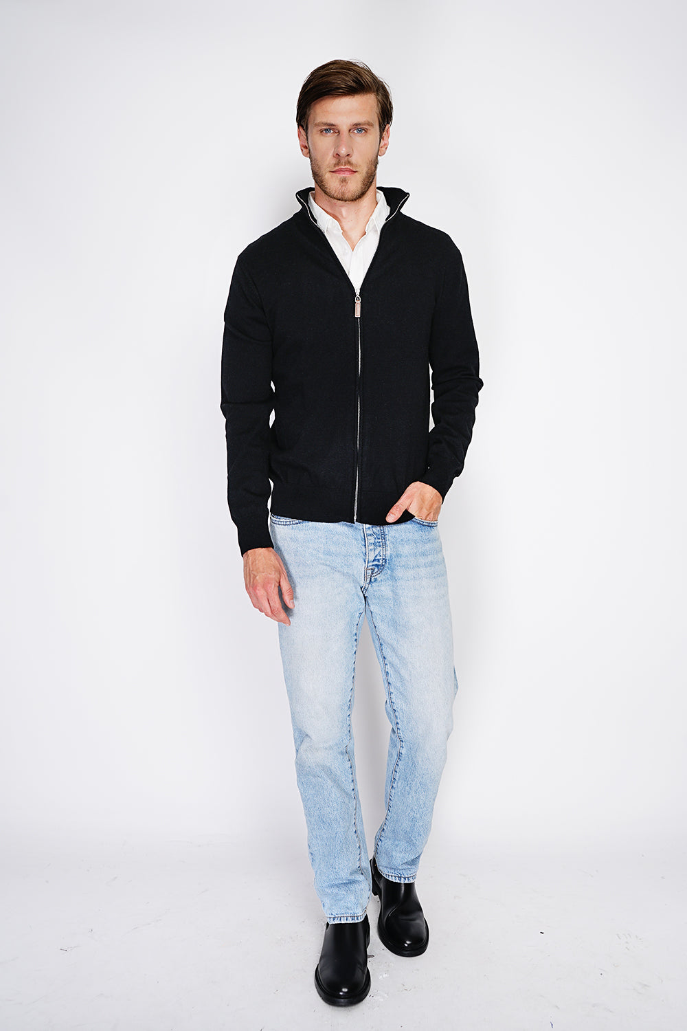 Cardigan classico a maniche lunghe con cerniera in maglia a 2 fili Nero