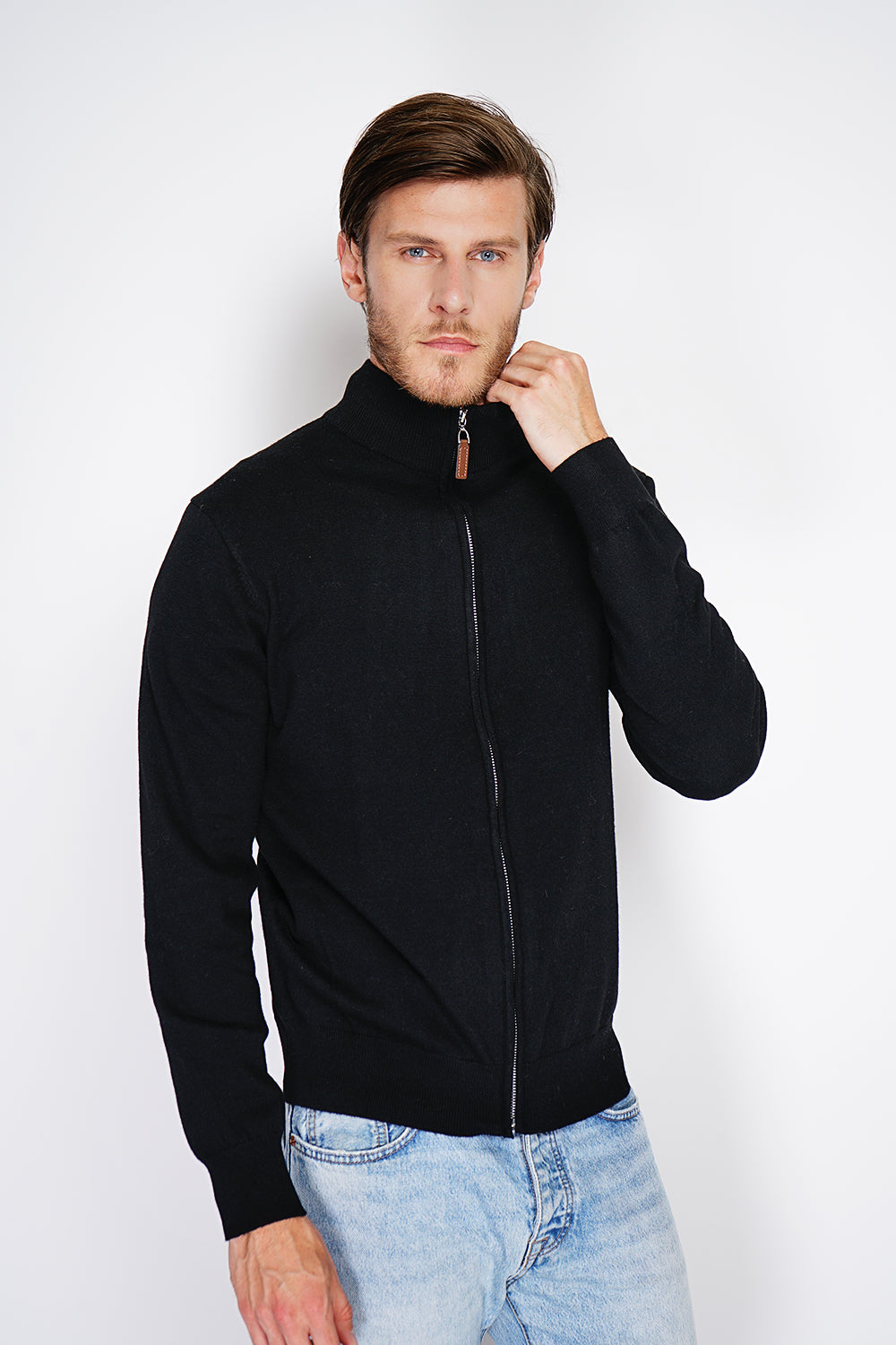 Cardigan classico a maniche lunghe con cerniera in maglia a 2 fili Nero