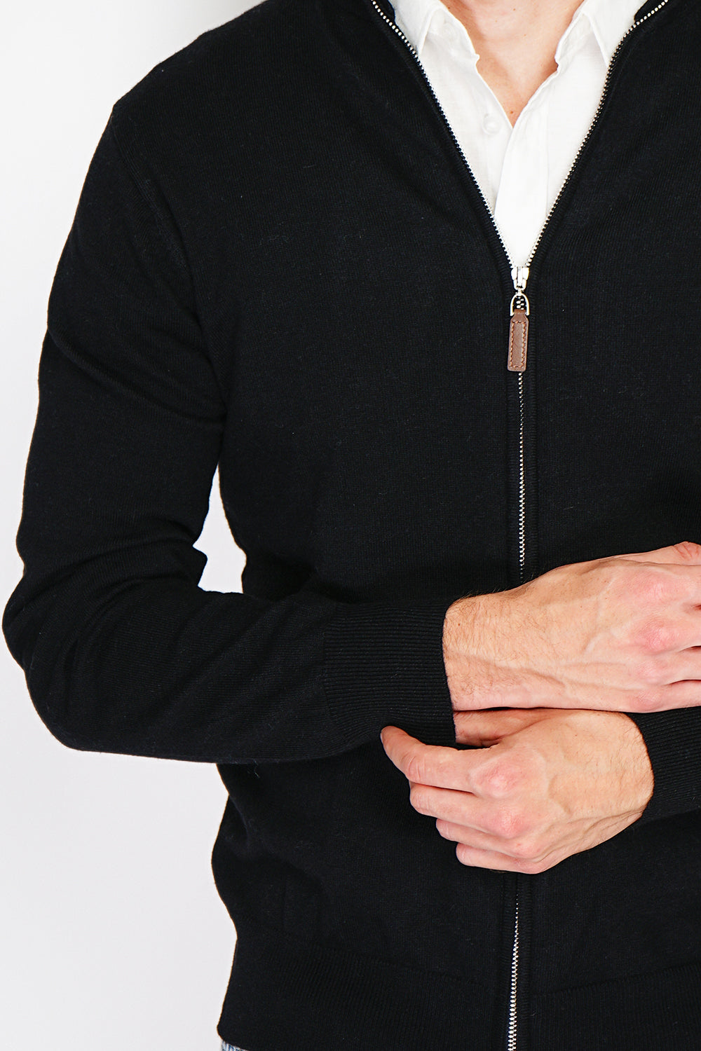 Cardigan classico a maniche lunghe con cerniera in maglia a 2 fili Nero