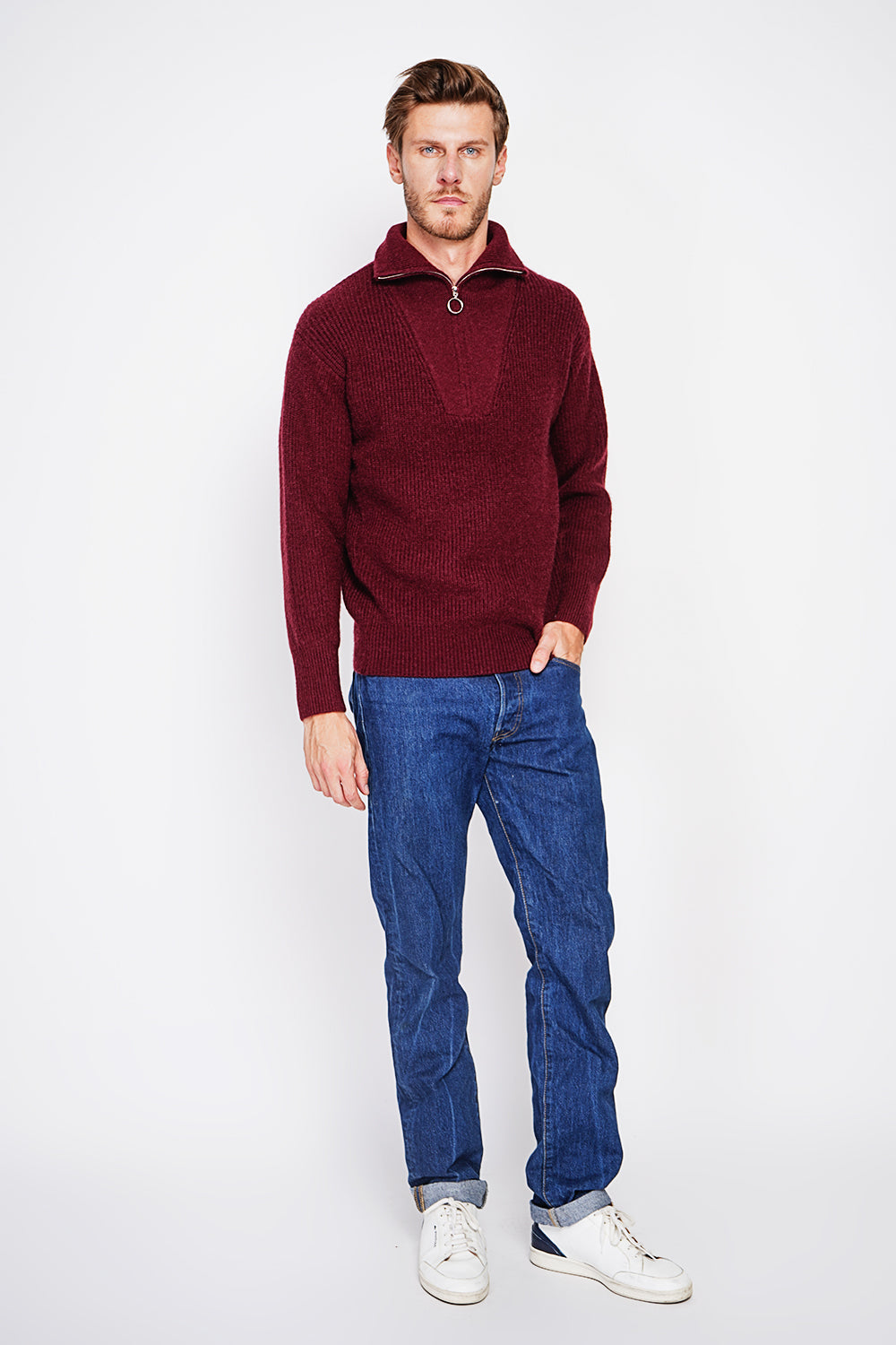 Maglione a maniche lunghe con collo a camionista e cerniera in maglia fantasia Bordeaux