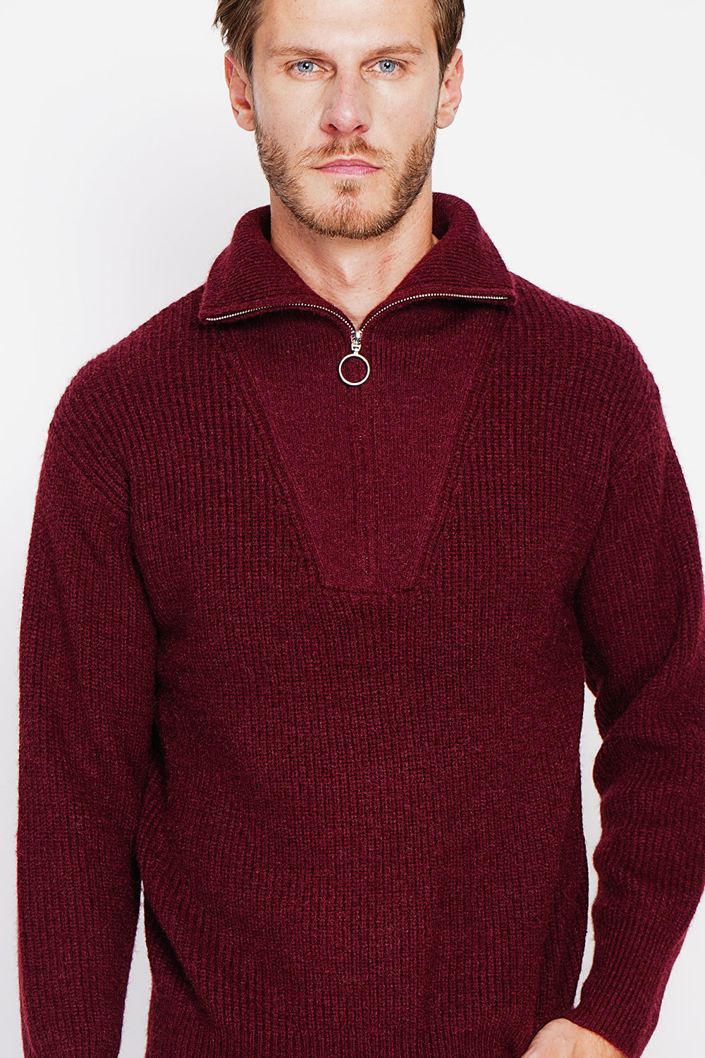 Maglione a maniche lunghe con collo a camionista e cerniera in maglia fantasia Bordeaux