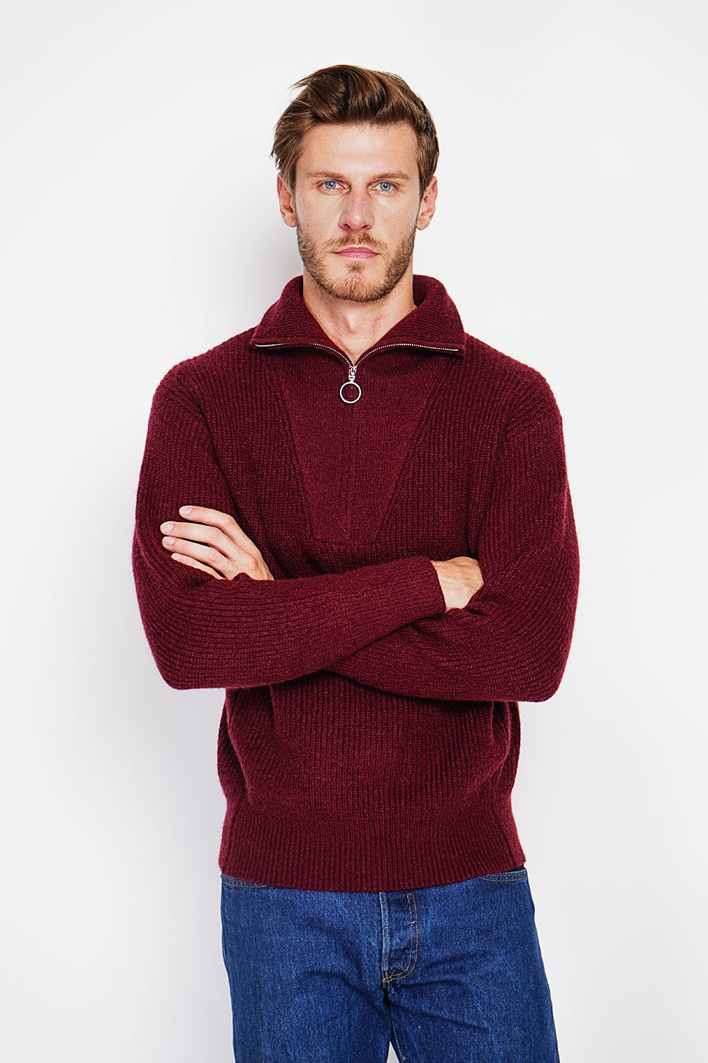 Maglione a maniche lunghe con collo a camionista e cerniera in maglia fantasia Bordeaux