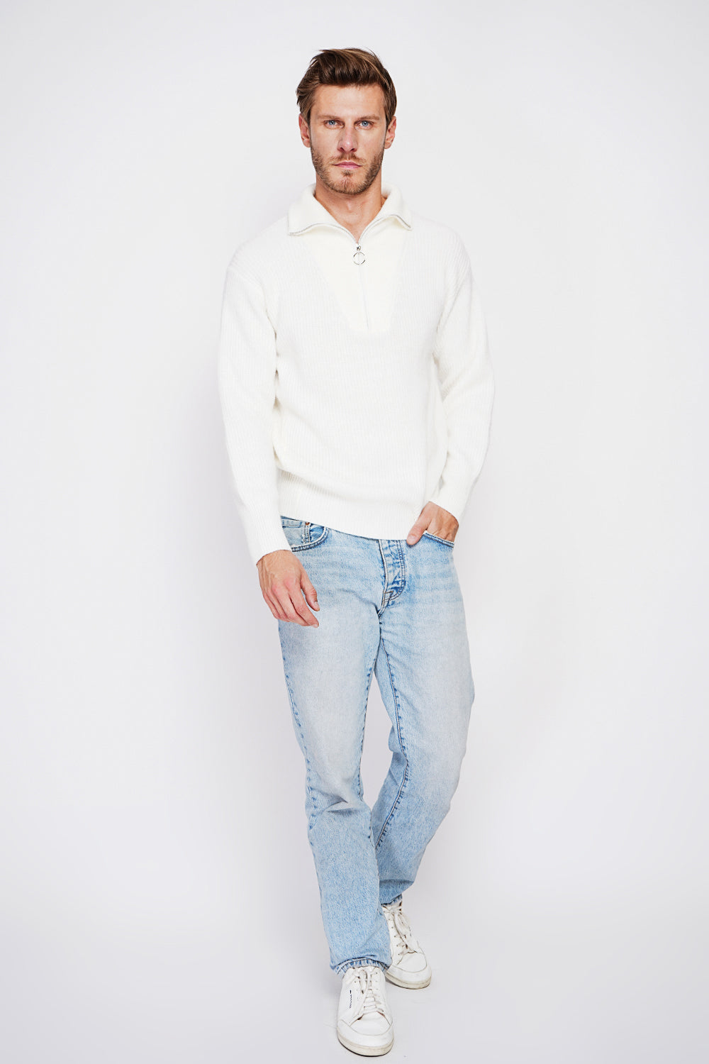 Maglione a maniche lunghe con collo a camionista e cerniera in maglia fantasia Naturale