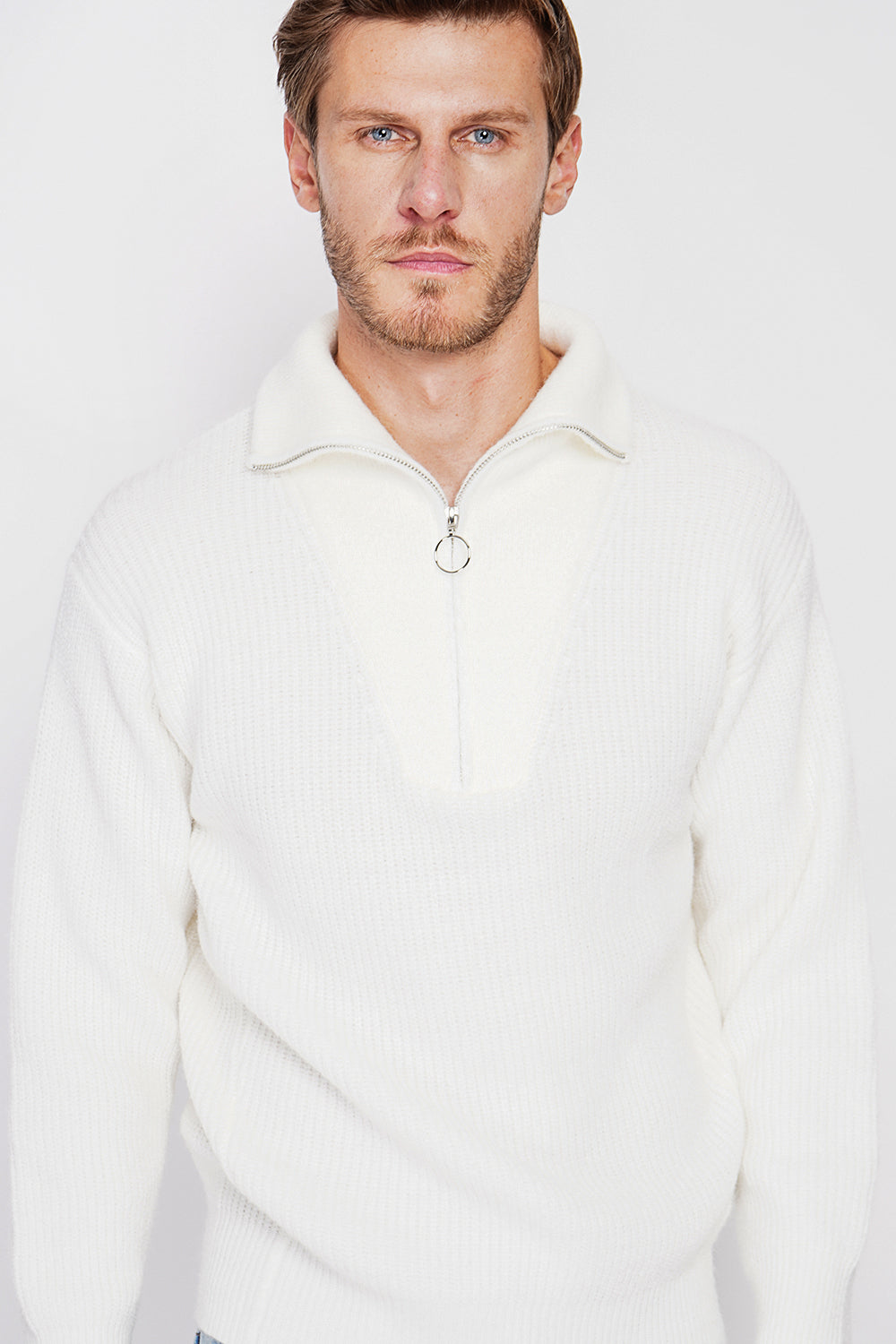 Maglione a maniche lunghe con collo a camionista e cerniera in maglia fantasia Naturale