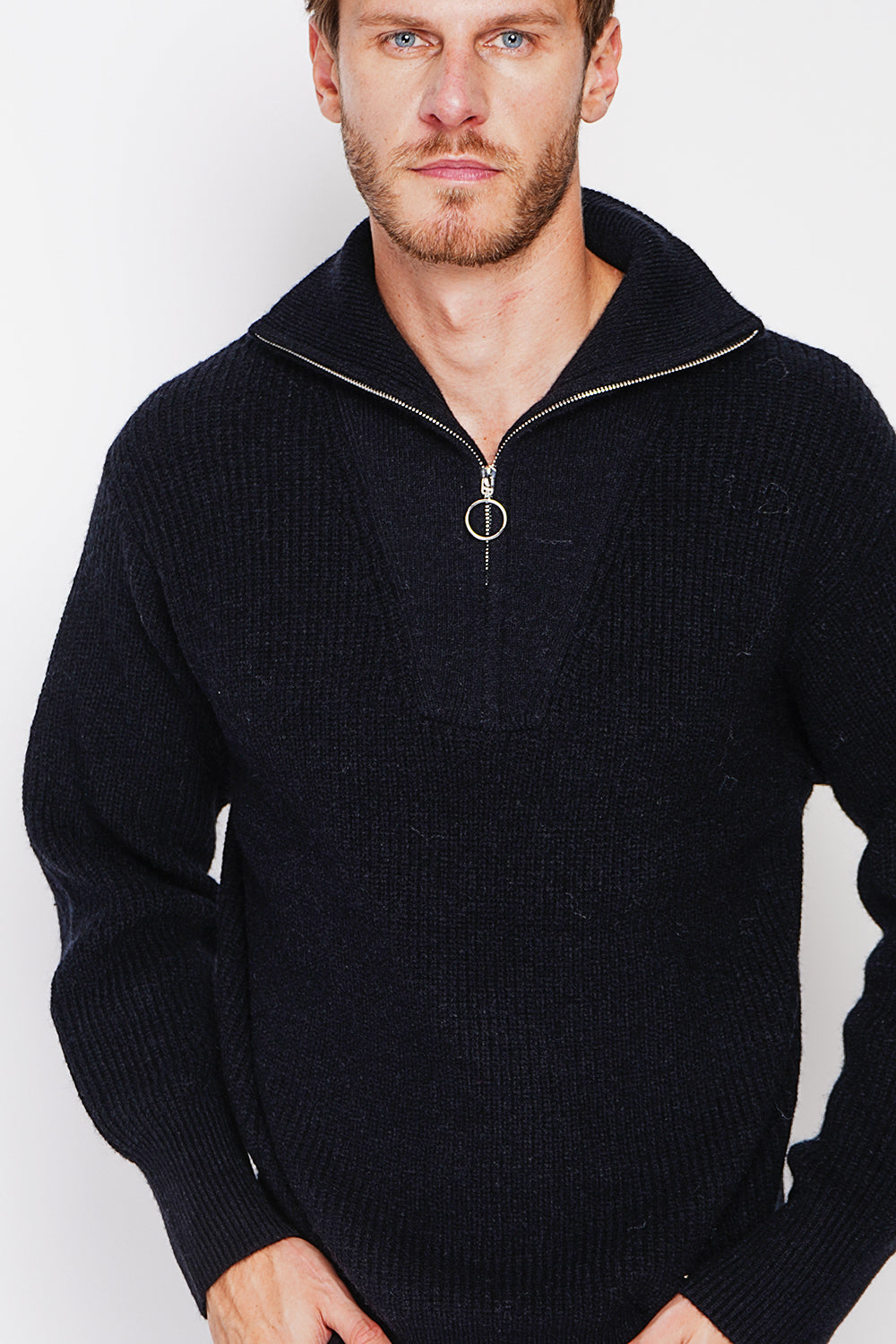 Maglione a maniche lunghe con collo a camionista e cerniera in maglia fantasia Nero