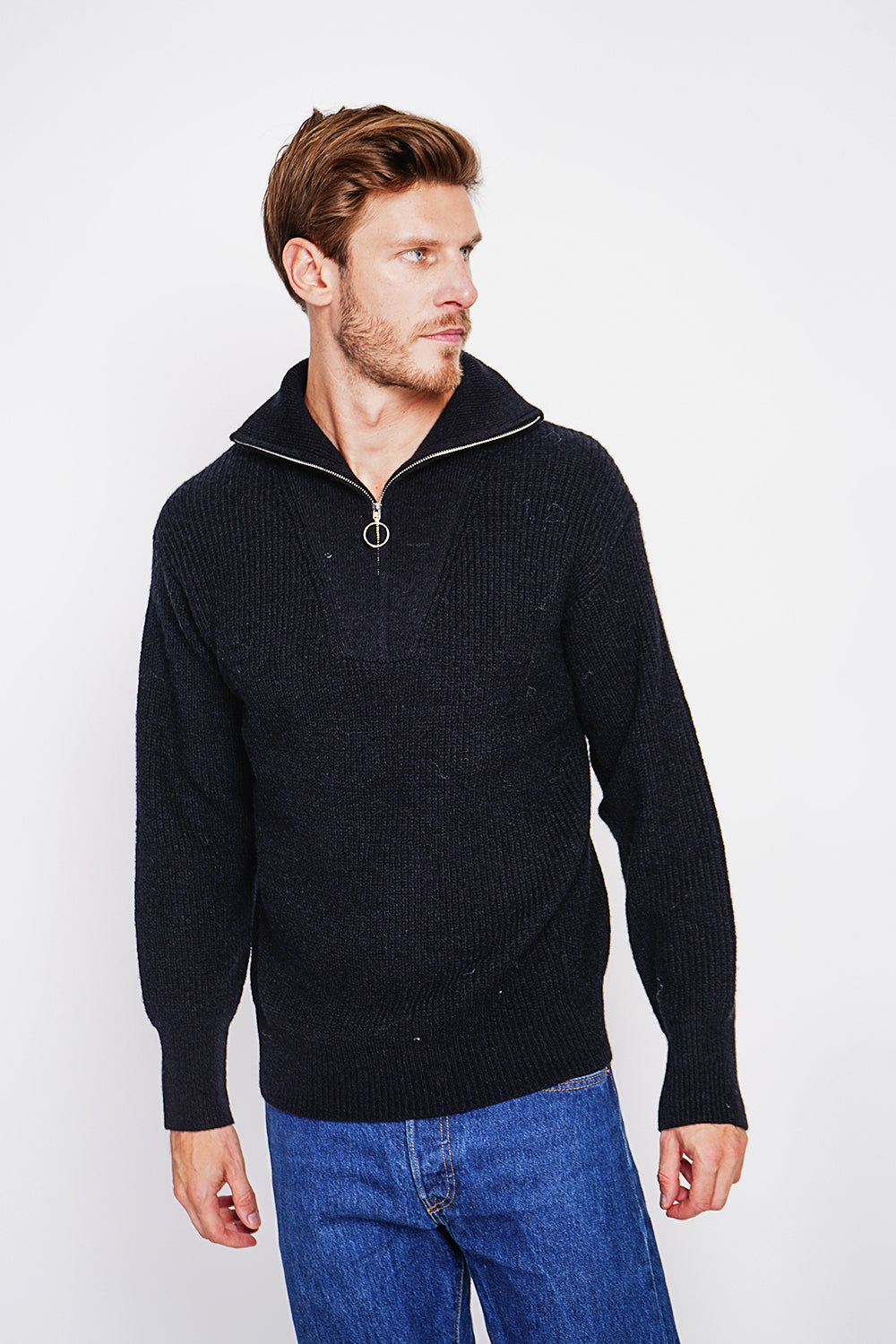 Maglione a maniche lunghe con collo a camionista e cerniera in maglia fantasia Nero