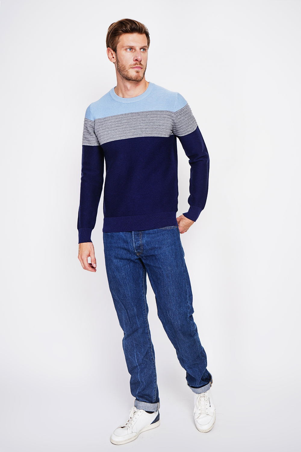 Maglione girocollo a maniche lunghe in maglia fantasia Blu Notte