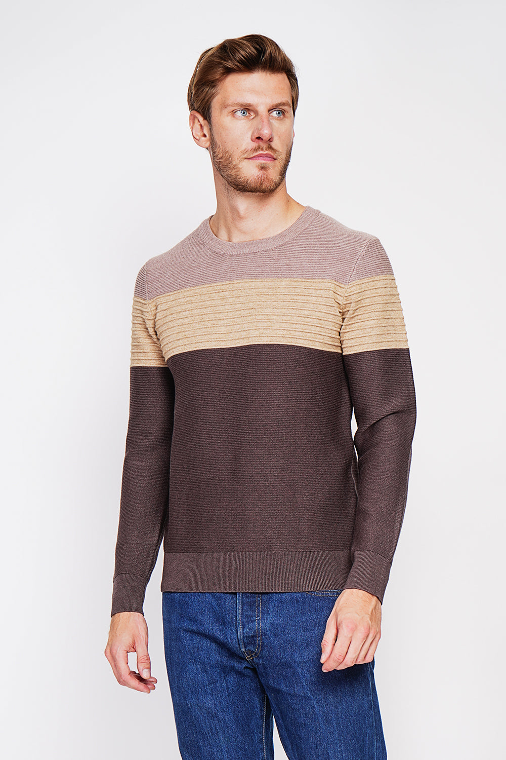 Maglione girocollo a maniche lunghe in maglia fantasia Caffè