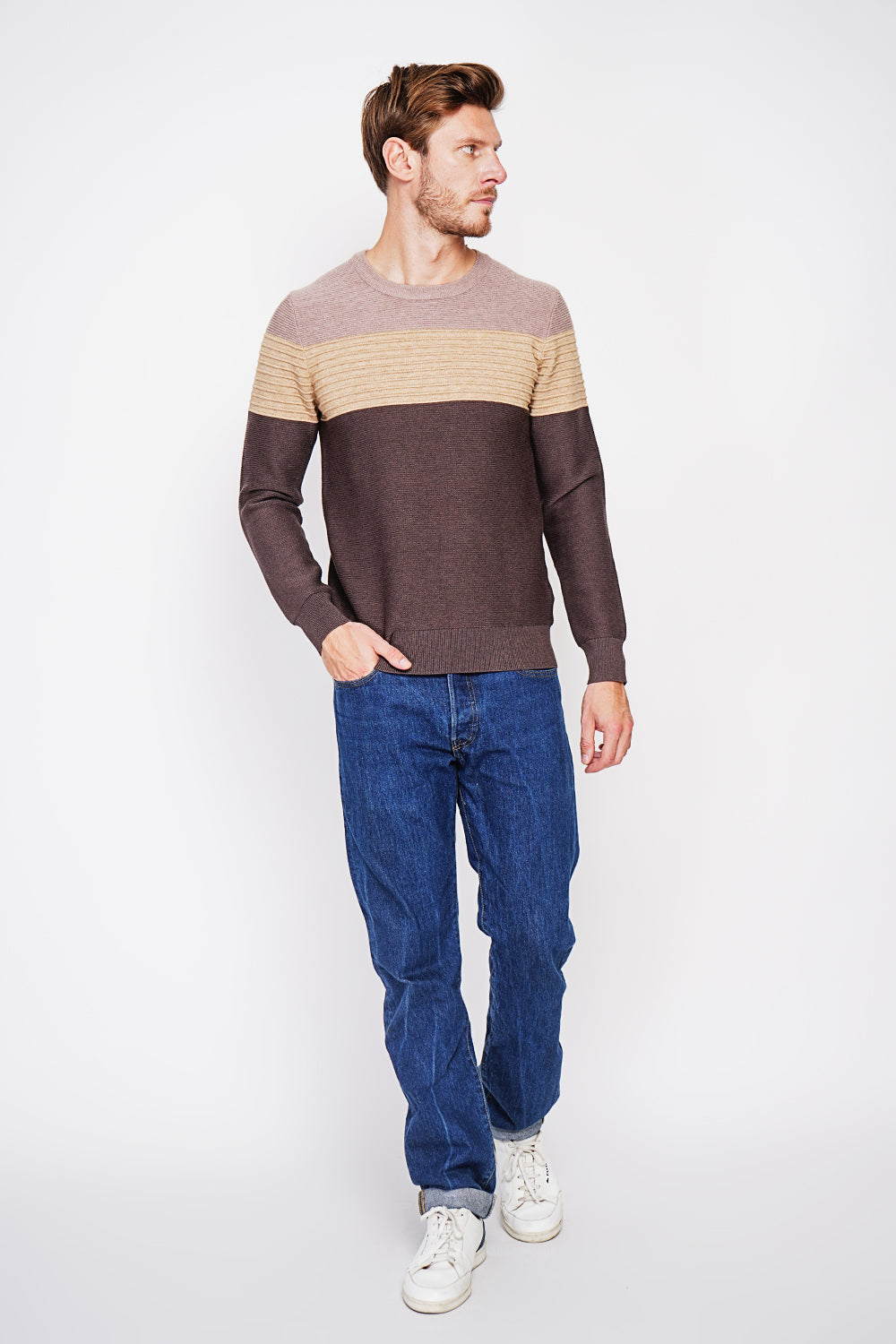 Maglione girocollo a maniche lunghe in maglia fantasia Caffè