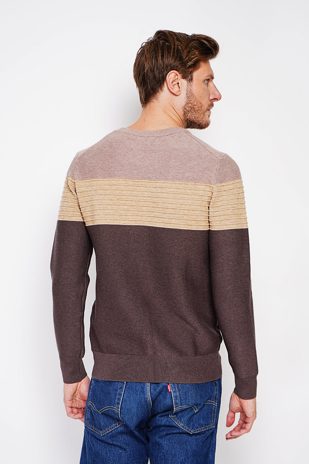 Maglione girocollo a maniche lunghe in maglia fantasia Caffè