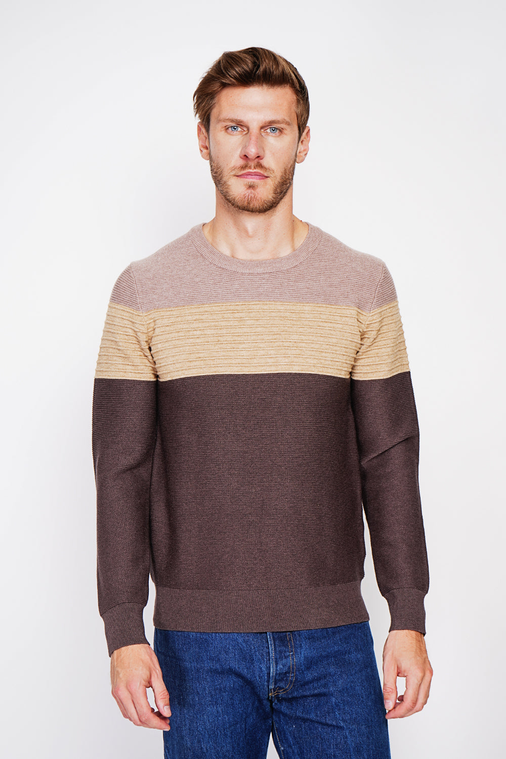 Maglione girocollo a maniche lunghe in maglia fantasia Caffè