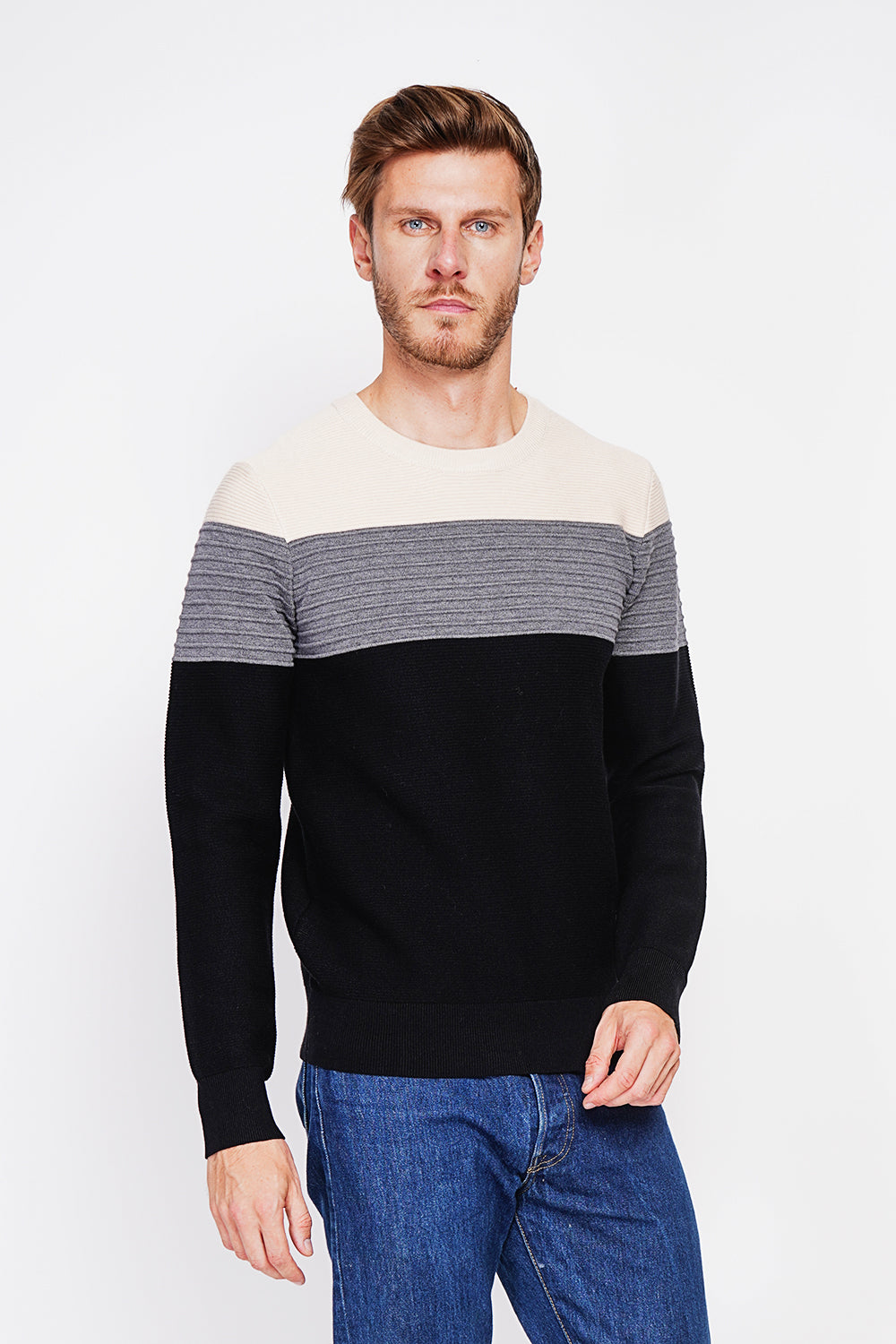 Maglione girocollo a maniche lunghe in maglia fantasia Nero