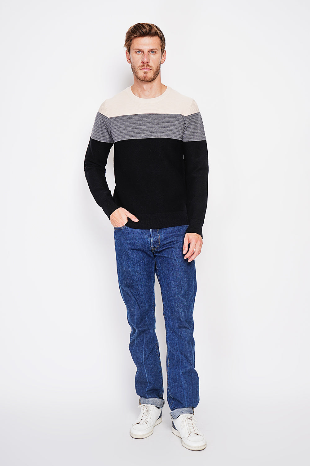 Maglione girocollo a maniche lunghe in maglia fantasia Nero