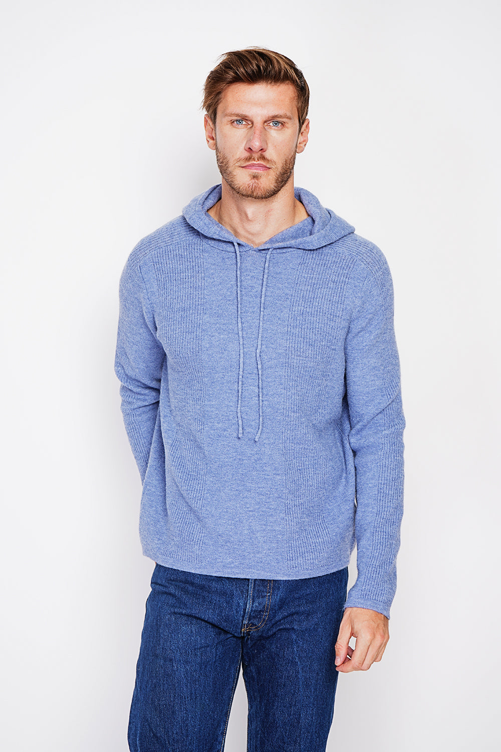 Felpa con cappuccio a coste a manica lunga - Blu jeans