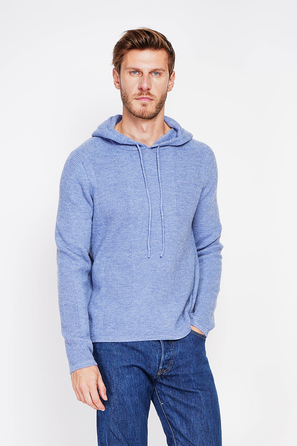 Felpa con cappuccio a coste a manica lunga - Blu jeans