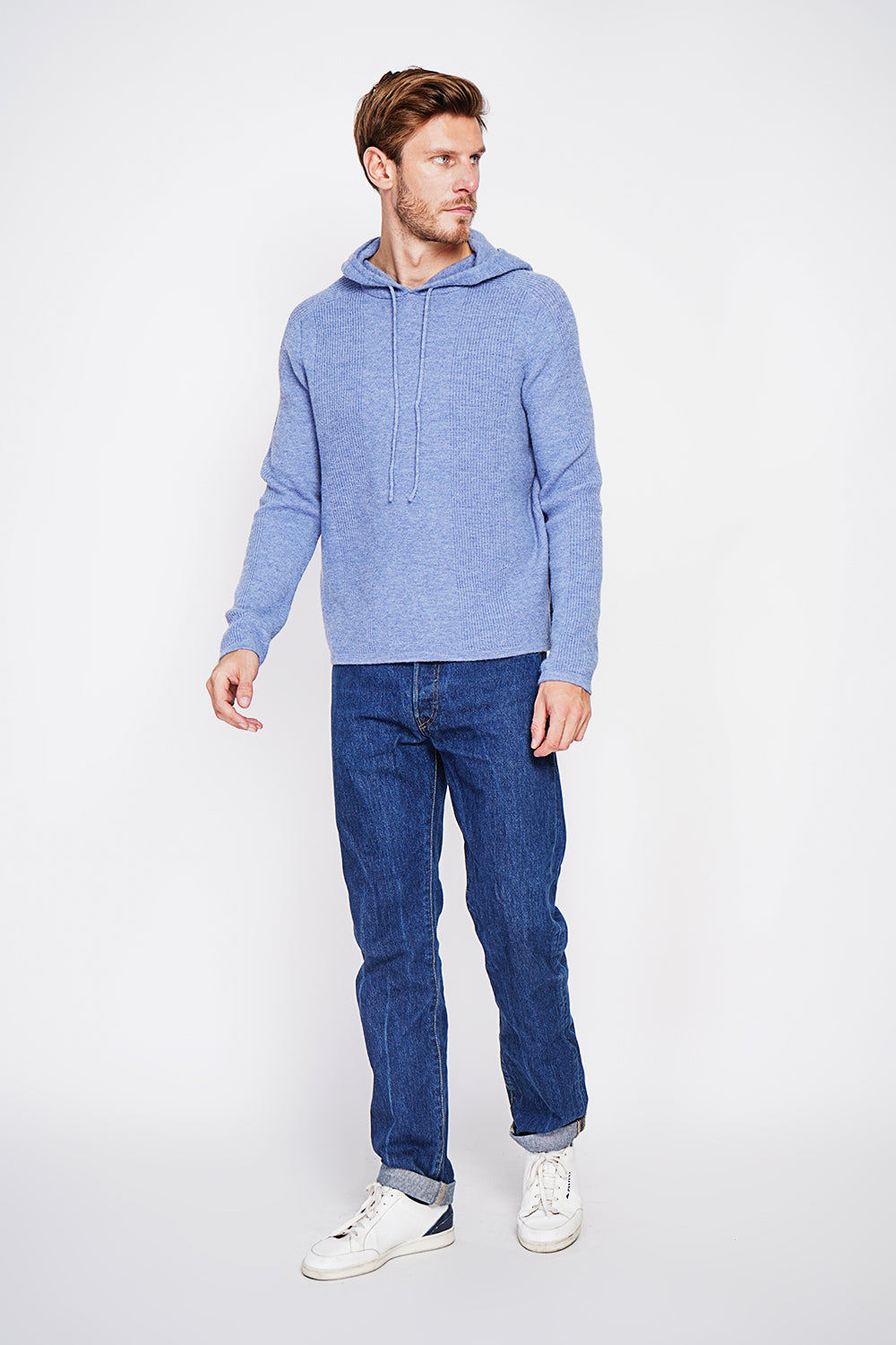 Felpa con cappuccio a coste a manica lunga - Blu jeans