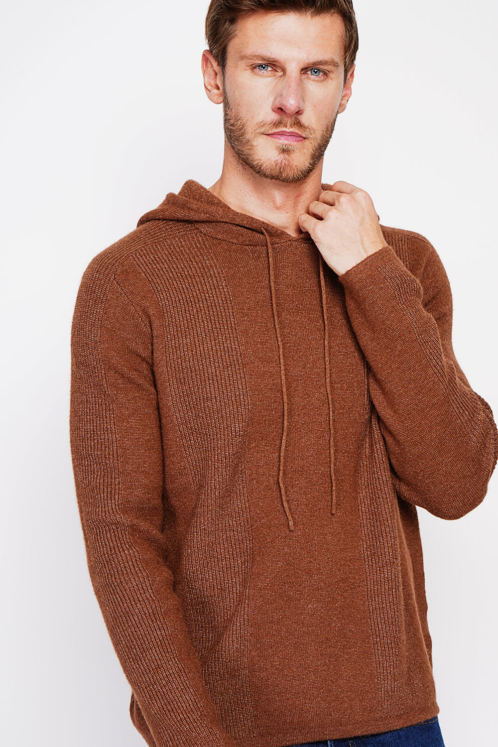 Felpa con cappuccio a coste a manica lunga Marrone
