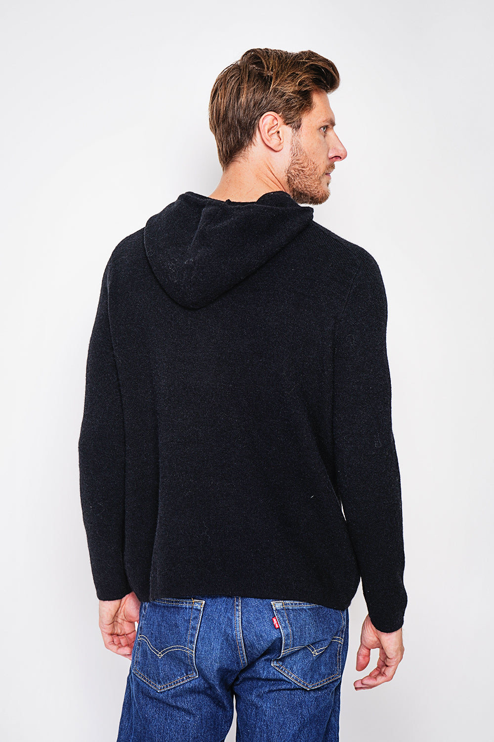 Felpa con cappuccio a coste a manica lunga Nero