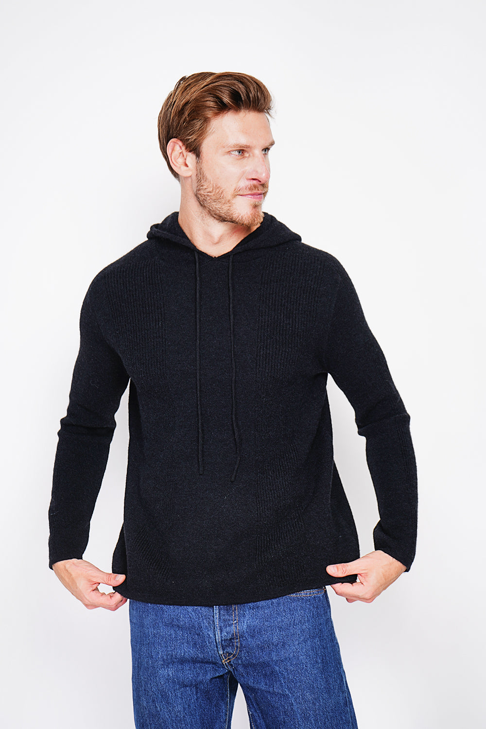 Felpa con cappuccio a coste a manica lunga Nero