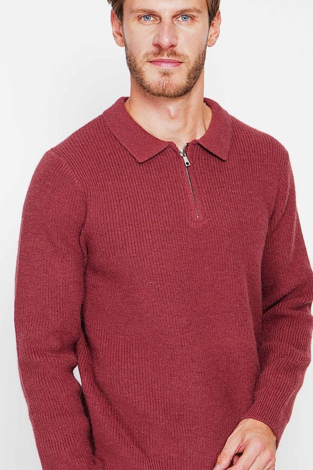 Maglione polo mezza zip con maniche lunghe in 6 fili Bordeaux