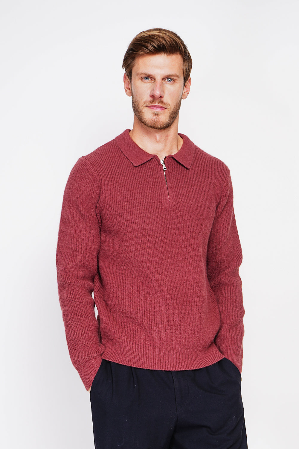Maglione polo mezza zip con maniche lunghe in 6 fili Bordeaux