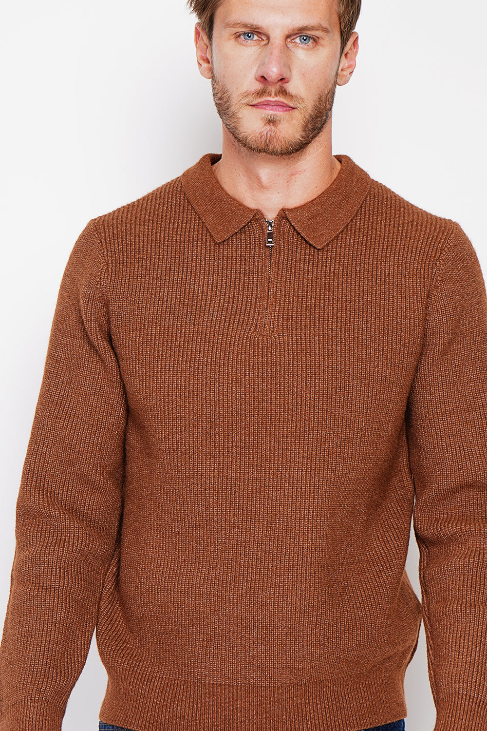 Maglione polo mezza zip con maniche lunghe in 6 fili - Marrone