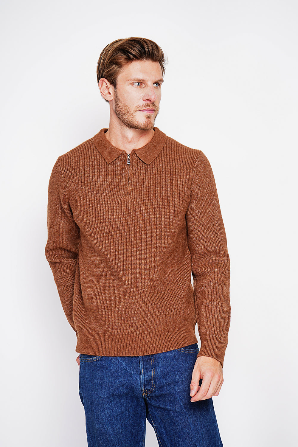 Maglione polo mezza zip con maniche lunghe in 6 fili - Marrone