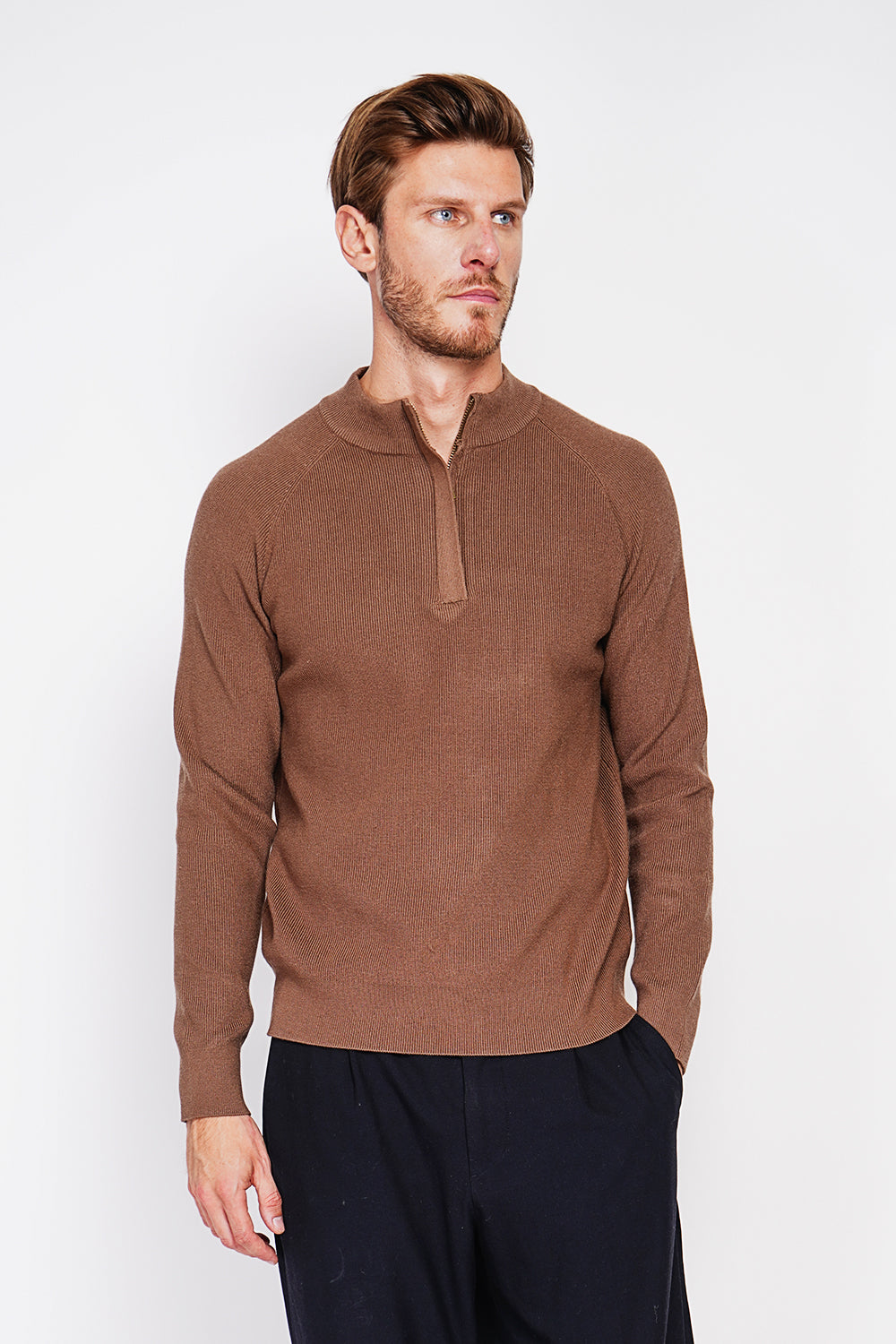 Polo mezza zip con maniche lunghe in 6 strati - Marrone