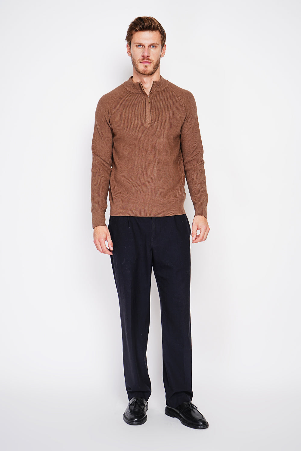 Polo mezza zip con maniche lunghe in 6 strati - Marrone