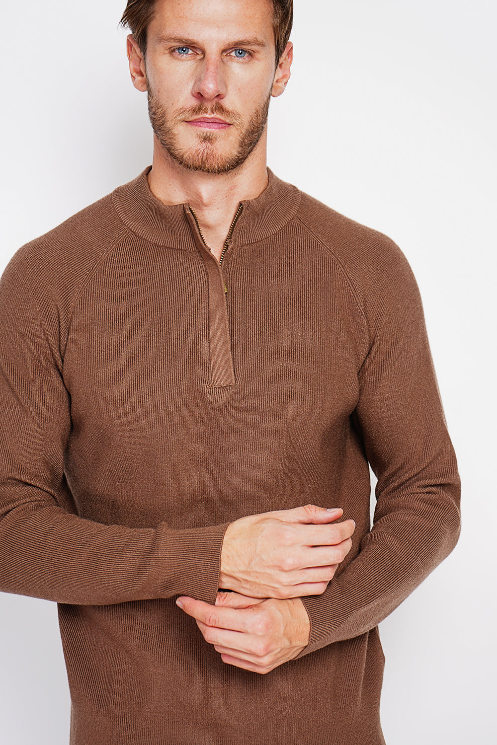 Polo mezza zip con maniche lunghe in 6 strati - Marrone