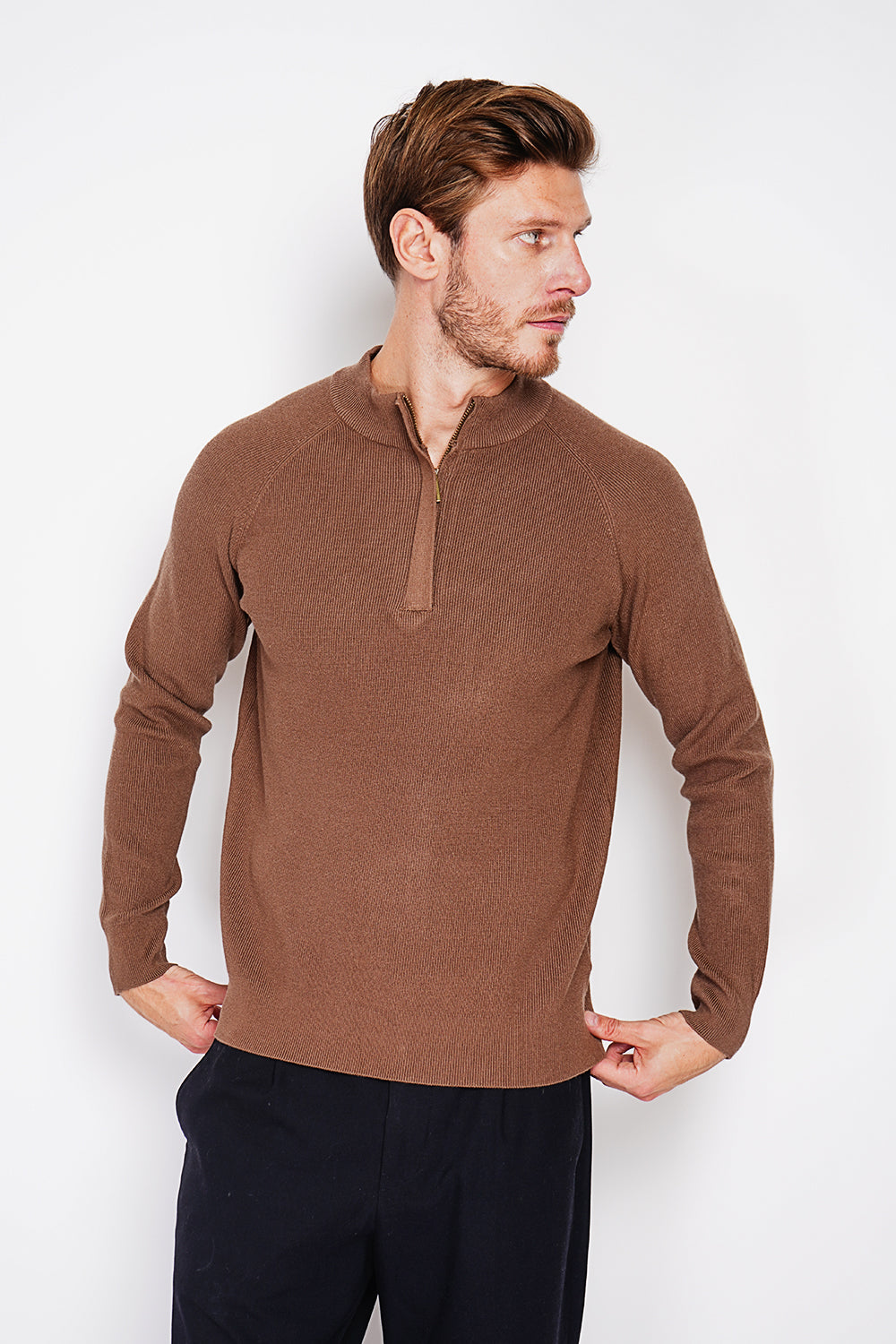 Polo mezza zip con maniche lunghe in 6 strati - Marrone