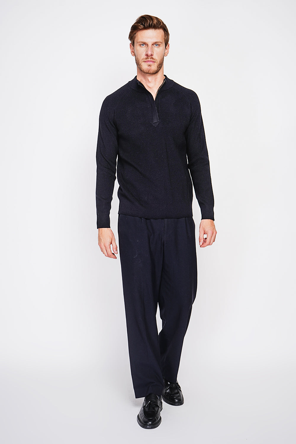 Polo mezza zip con maniche lunghe in 6 strati - Nero