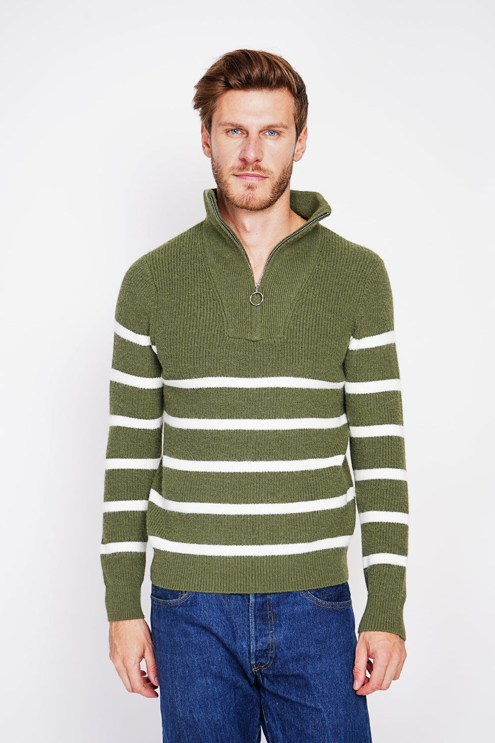 Maglione a righe con scollo rotondo con cerniera e maniche in maglia fantasia Cachi