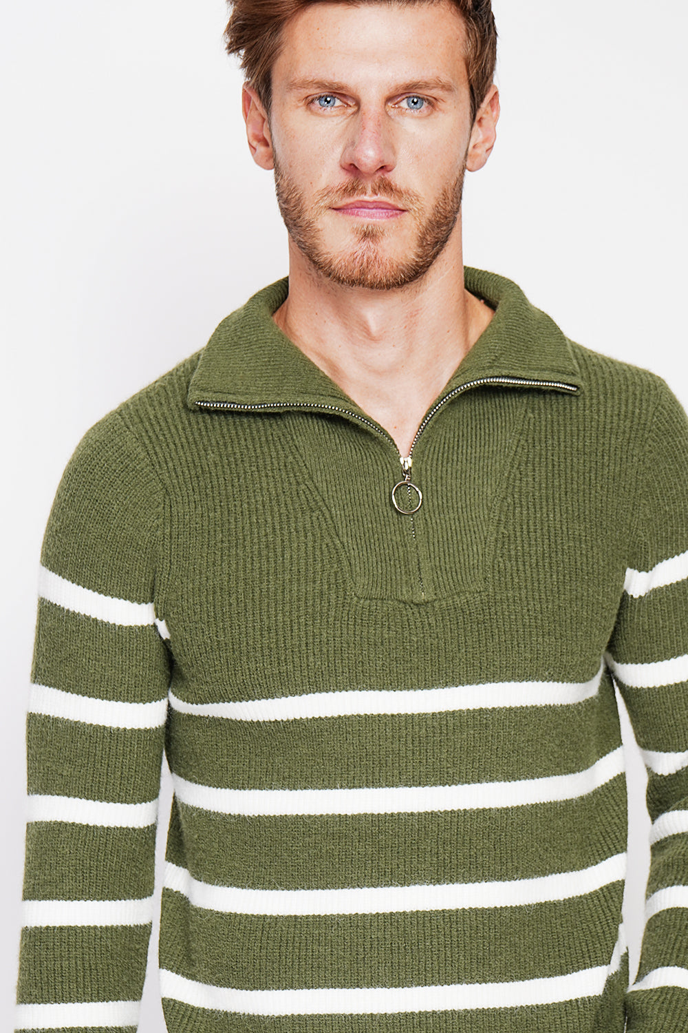 Maglione a righe con scollo rotondo con cerniera e maniche in maglia fantasia Cachi