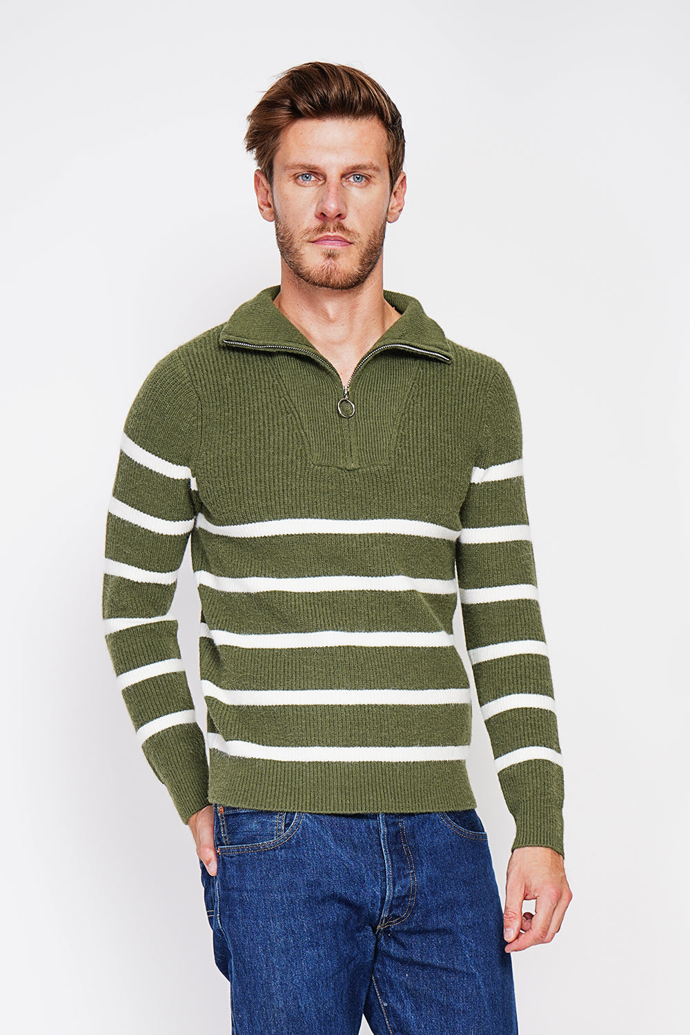 Maglione a righe con scollo rotondo con cerniera e maniche in maglia fantasia Cachi