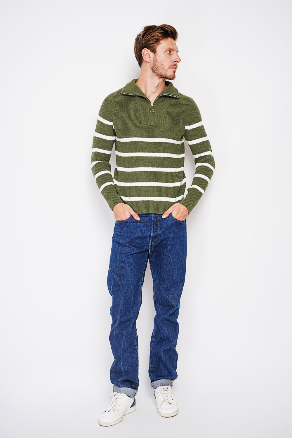 Maglione a righe con scollo rotondo con cerniera e maniche in maglia fantasia Cachi