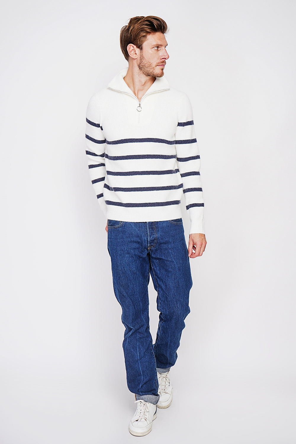 Maglione a righe con scollo rotondo con cerniera e maniche in maglia fantasia Naturale