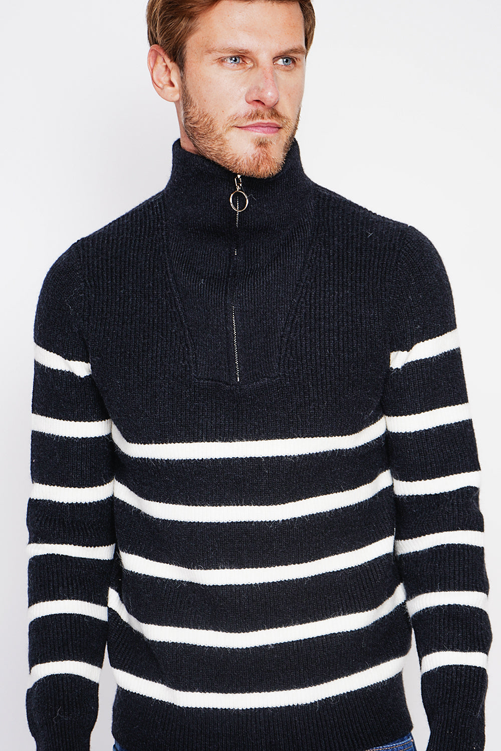 Maglione a righe con scollo rotondo con cerniera e maniche in maglia fantasia Nero