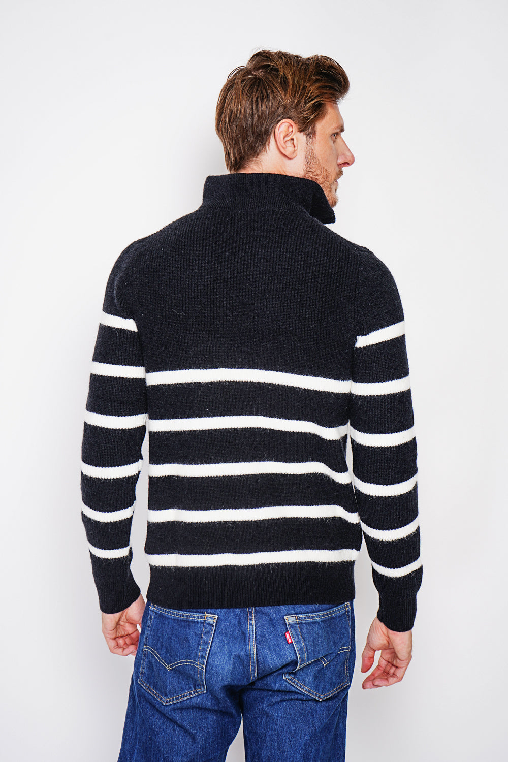 Maglione a righe con scollo rotondo con cerniera e maniche in maglia fantasia Nero