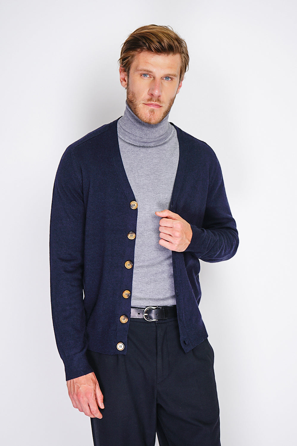 Cardigan classico con bottoni fantasia BLU SCURO -WFM67